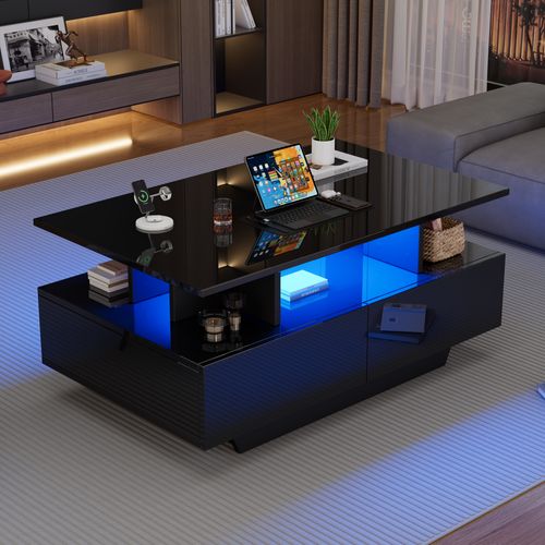 Table Basse Rectangle 90x55x41cm, Brillante, 2 Tiroir, 4 Rangement Ouverts, Stockage Creux, Pb, Noir