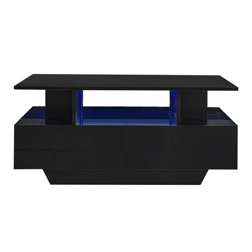 Table Basse Rectangle 90x55x41cm, Brillante, 2 Tiroir, 4 Rangement Ouverts, Stockage Creux, Pb, Noir