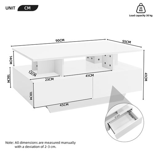 Table Basse Rectangle 90x55x41cm, Brillant, 4 Rangement Ouvert, 2 Tiroir, Stockage Creux, Pb, Blanc