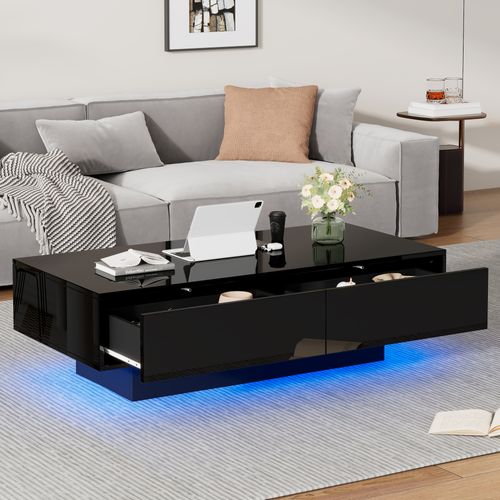 Table Basse Rectangle 115x55x34cm, Finition Brillante, 2 Tiroirs Spacieux, LED Intégrée, En Pb, Noir