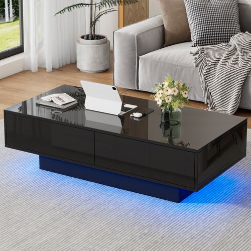 Table Basse Rectangle 115x55x34cm, Finition Brillante, 2 Tiroirs Spacieux, LED Intégrée, En Pb, Noir