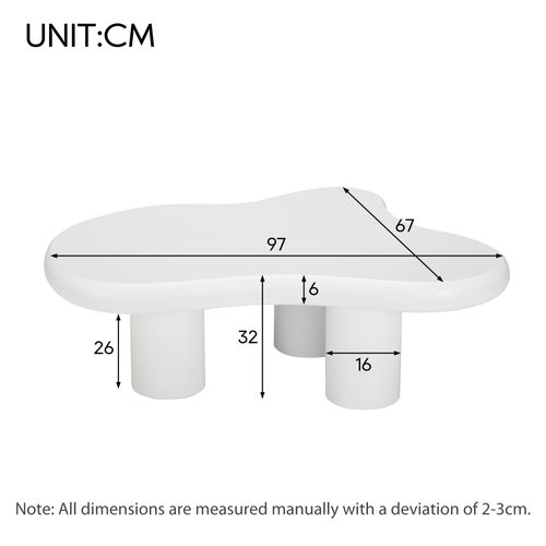 Table Basse Irrégulière 97x67x32cm, Design Nuage, Protection Du Sol, Finition Lisse, En Mdf, Blanc