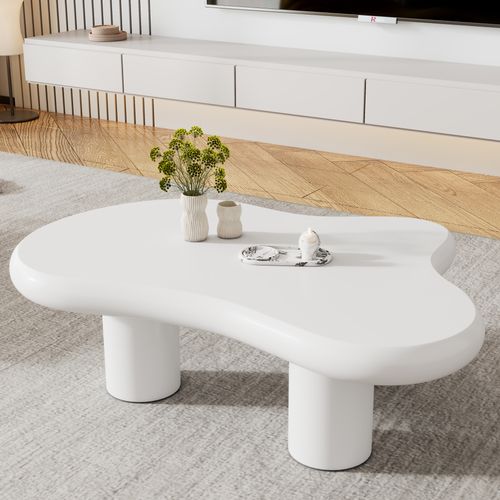 Table Basse Irrégulière 97x67x32cm, Design Nuage, Protection Du Sol, Finition Lisse, En Mdf, Blanc