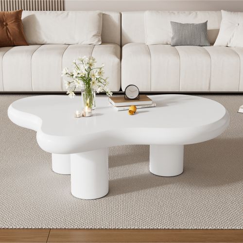 Table Basse Irrégulière 97x67x32cm, Design Nuage, Protection Du Sol, Finition Lisse, En Mdf, Blanc
