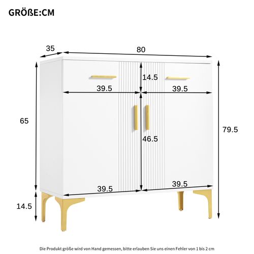 Buffet 80x35x79.5cm, Pied Et Poigné Doré Métal, 2 Porte, 2 Tiroir, 4 Compartiment, Mdf, Métal, Blanc