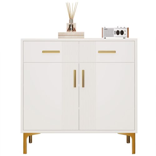 Buffet 80x35x79.5cm, Pied Et Poigné Doré Métal, 2 Porte, 2 Tiroir, 4 Compartiment, Mdf, Métal, Blanc