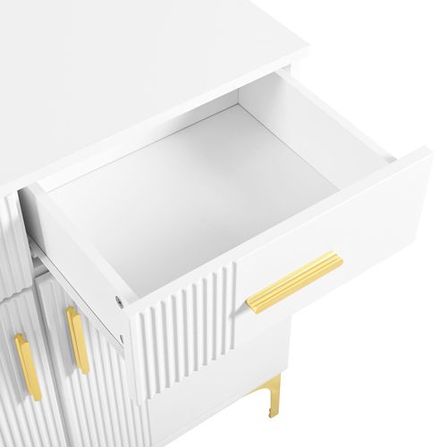 Buffet 80x35x79.5cm, Pied Et Poigné Doré Métal, 2 Porte, 2 Tiroir, 4 Compartiment, Mdf, Métal, Blanc
