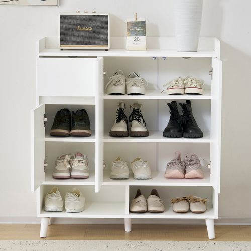 Meuble à Chaussures 90x35x99cm, Tiroir, 3 Porte, 5 Compartiment, 2 Niche, Tablette, Pb, Bois, Blanc