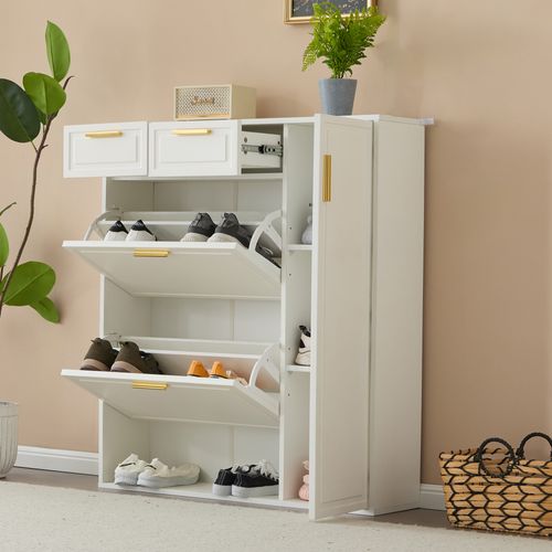 Meuble à Chaussure Blanc 95x24x107.5cm, Tiroir, Tablette, Porte à Bascule, Rangements, Mdf, Pb