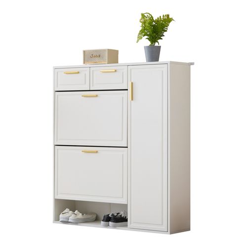 Meuble à Chaussure Blanc 95x24x107.5cm, Tiroir, Tablette, Porte à Bascule, Rangements, Mdf, Pb