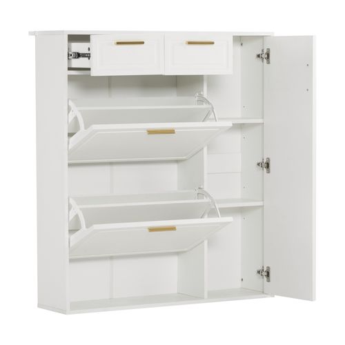 Meuble à Chaussure Blanc 95x24x107.5cm, Tiroir, Tablette, Porte à Bascule, Rangements, Mdf, Pb