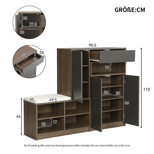 Meuble à Chaussures 140x35x110cm, Assise Doux, 5 Niche, 3 Porte Battante, Tiroir, Pb, Gris, Brun