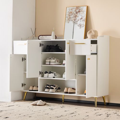 Meuble à Chaussure 130x37x100cm, Niche, Porte, Tiroir, Tablette, Poignée, Pied Doré Métal, Pb, Blanc
