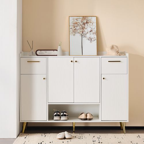 Meuble à Chaussure 130x37x100cm, Niche, Porte, Tiroir, Tablette, Poignée, Pied Doré Métal, Pb, Blanc