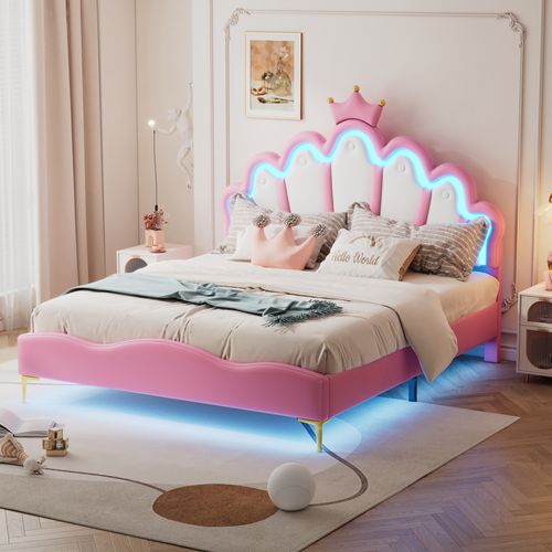 Lit Double 140x200cm, Lit Enfant, Forme De Nuage, LED, Tête De Lit, Couronne, Pu, Mdf, Métal, Rose