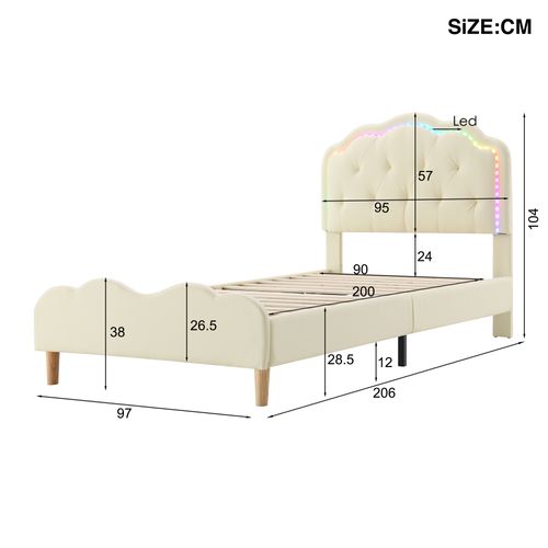 Lit Enfant 90x200cm, Lit Simple Avec LED, Design En Forme D'onde, Pu+bois, Beige