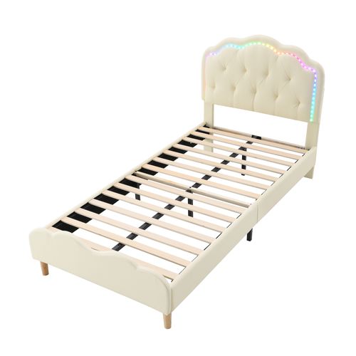 Lit Enfant 90x200cm, Lit Simple Avec LED, Design En Forme D'onde, Pu+bois, Beige