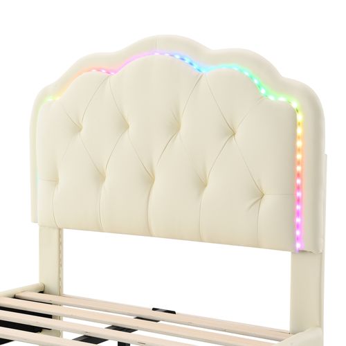 Lit Enfant 90x200cm, Lit Simple Avec LED, Design En Forme D'onde, Pu+bois, Beige