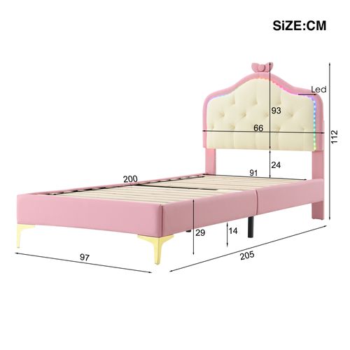 Lit Enfant 90x200cm, Lit Simple Avec LED, Cadre En Rose, Design En Forme D'onde, Pu+bois, Blanc+rose