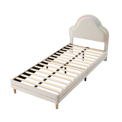 Lit Enfantlit Enfant 90x200cm, Lit Simple, LED, Ête De Lit En Forme De Nuage, Velours+bois, Beige