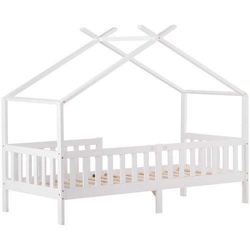 Lit Cabane 90x200cm Lit Enfant, Toit En Forme De Triangle, Avec Garde-corps, Bois, Blanc