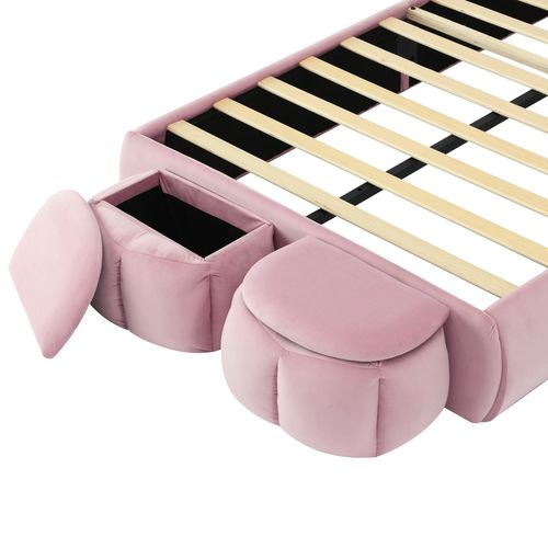 Lit Enfent 90x200cm Oreilles De Lapin à Luminosité Réglable, 2 Tabourets De Rangement, Velours, Rose