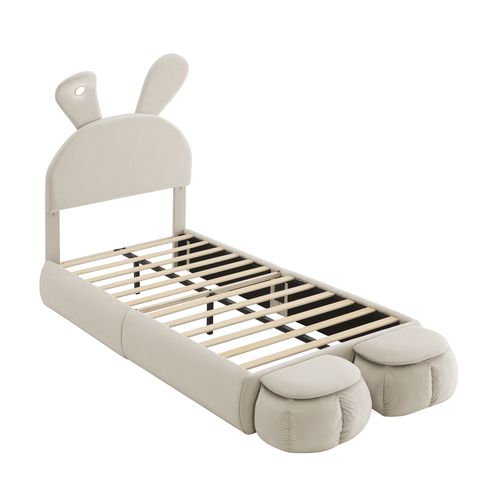 Lit Enfent 90x200cm Oreilles De Lapin à Luminosité Réglable, 2 Tabourets Rangement, Velours, Beige