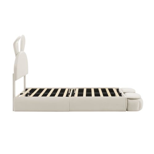 Lit Enfent 90x200cm Oreilles De Lapin à Luminosité Réglable, 2 Tabourets Rangement, Velours, Beige