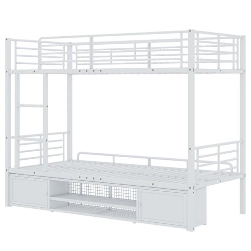 Lits Superposés 90x200cm, Échelle, Casier à Chaussures Ouvert, 2 Armoires Rangement, Métal, Blanc
