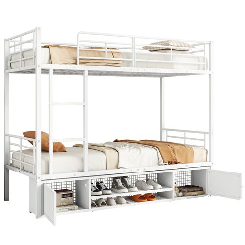 Lits Superposés 90x200cm, Échelle, Casier à Chaussures Ouvert, 2 Armoires Rangement, Métal, Blanc