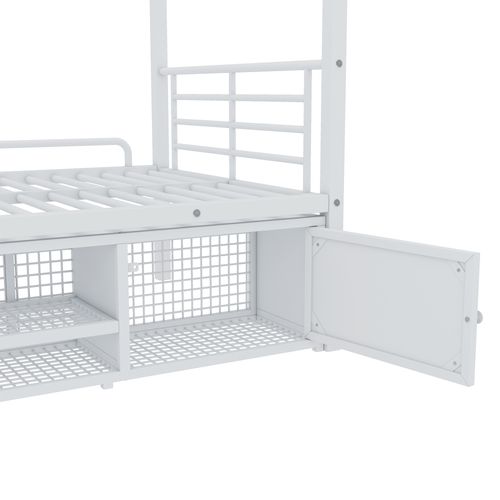 Lits Superposés 90x200cm, Échelle, Casier à Chaussures Ouvert, 2 Armoires Rangement, Métal, Blanc