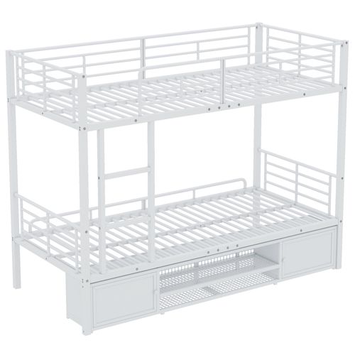Lits Superposés 90x200cm, Échelle, Casier à Chaussures Ouvert, 2 Armoires Rangement, Métal, Blanc