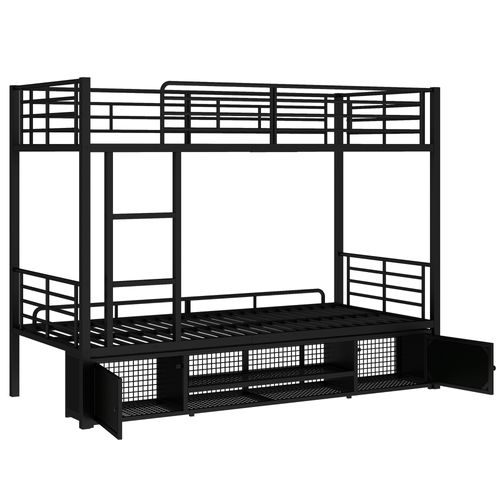 Lits Superposés 90x200cm, Échelle, Casier à Chaussures Ouvert, 2 Armoires Rangement, Métal, Noir