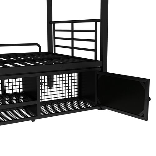 Lits Superposés 90x200cm, Échelle, Casier à Chaussures Ouvert, 2 Armoires Rangement, Métal, Noir