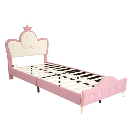 Lit Enfent 90x200cm Avec LED, Tête De Lit Design Couronne, Pieds En Métal, Mdf+pu, Blanc+rose