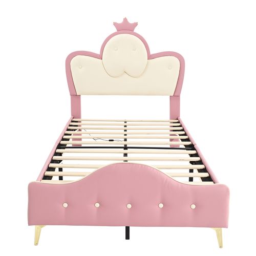 Lit Enfent 90x200cm Avec LED, Tête De Lit Design Couronne, Pieds En Métal, Mdf+pu, Blanc+rose