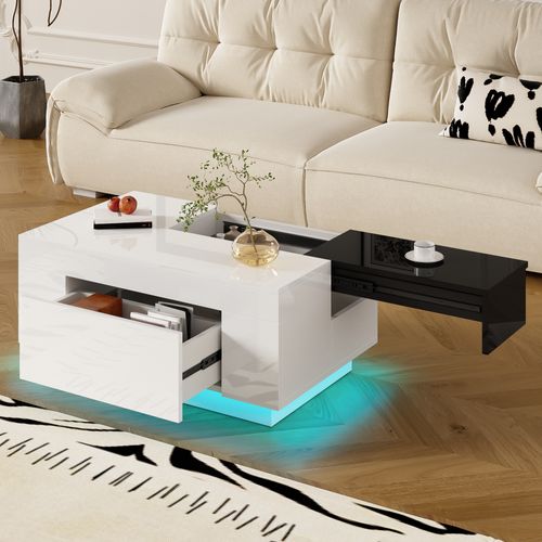 Table Basse LED 80x50x35,5cm, Plateau Rétractable, 1 Tiroir, Blanc + Noir