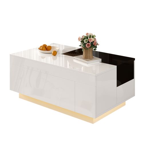 Table Basse LED 80x50x35,5cm, Plateau Rétractable, 1 Tiroir, Blanc + Noir