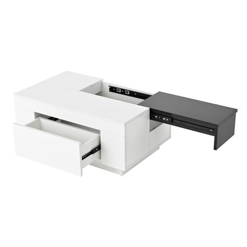 Table Basse LED 80x50x35,5cm, Plateau Rétractable, 1 Tiroir, Blanc + Noir