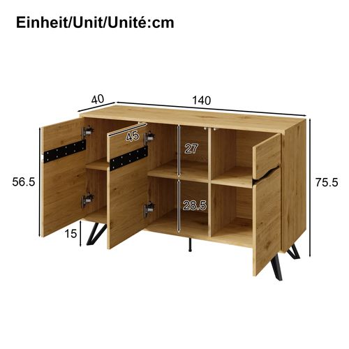 Buffet 140x40x75,5cm, 3 Portes Avec Cloisons Intérieures, Pieds En Métal, Extérieur En Bois