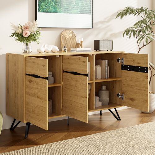 Buffet 140x40x75,5cm, 3 Portes Avec Cloisons Intérieures, Pieds En Métal, Extérieur En Bois