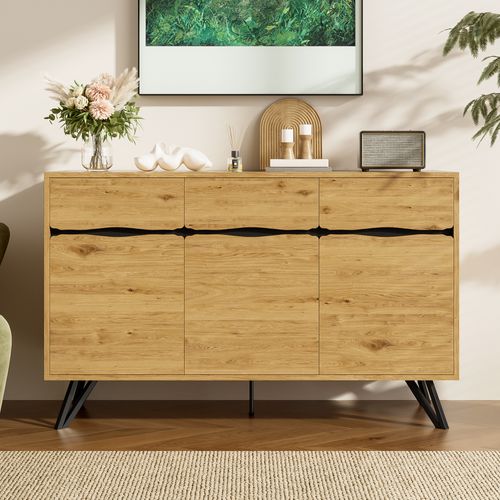 Buffet 140x40x75,5cm, 3 Portes Avec Cloisons Intérieures, Pieds En Métal, Extérieur En Bois