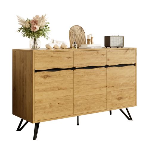Buffet 140x40x75,5cm, 3 Portes Avec Cloisons Intérieures, Pieds En Métal, Extérieur En Bois