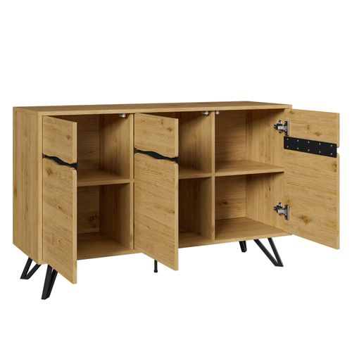 Buffet 140x40x75,5cm, 3 Portes Avec Cloisons Intérieures, Pieds En Métal, Extérieur En Bois