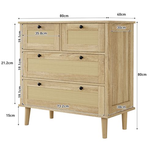 Commode 4 tiroirs en rotin 80x40x80 Cm, Pieds En Bois Massif, MDF et Rotin, Coloris Naturel