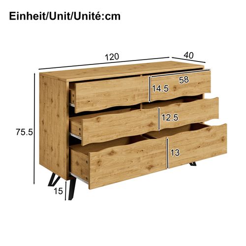 Commode 2x3 Tiroirs 120x40x75.5cm, MDF et Pieds Métal, Couleur Bois