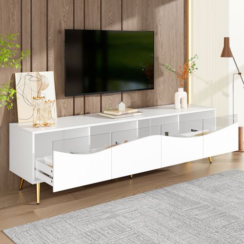 Meuble TV LED Moderne 180x40x50cm, 4 Tiroirs, Pieds En Métal Doré, Blanc