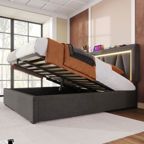 Lit 140x200cm, Lit Coffre, Lit Double, Sommier, Tête De Lit Réglable, LED, USB, Lin, Gris