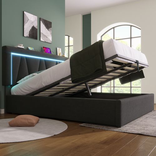Lit 160x200cm, Lit Coffre, Lit Double, Sommier, Tête De Lit Réglable, LED, USB, Lin, Gris