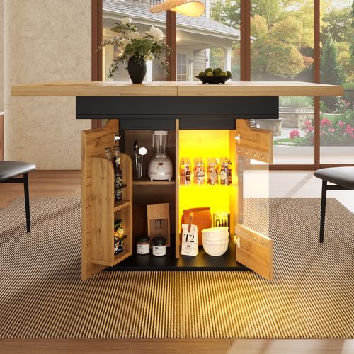 Table à Manger Extensible 140x80x76, Rectangulaire, 2 Portes, 1 Tiroir, LED, Mdf+verre, Noir+bois